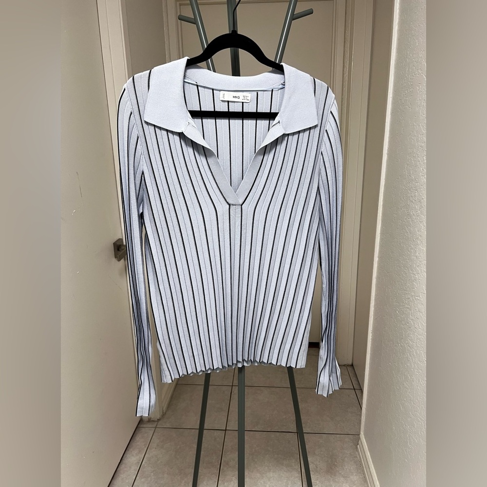 Mango Black and Blue Striped V-Neck - Picture 2 of 4